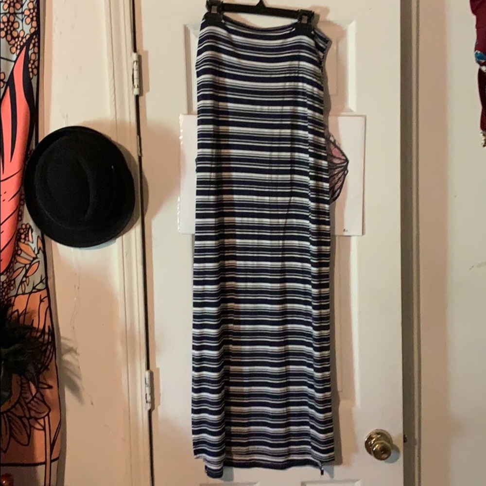 Long blue and white striped maxi skirt